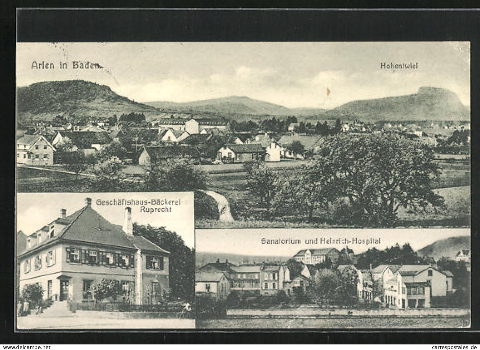 AK Arlen / Baden, Geschäftshaus-Bäckerei Ruprecht, Sanatorium Und Heinrich-Hospital, Gesamtansicht Mit Hohentwiel  - Baden-Baden