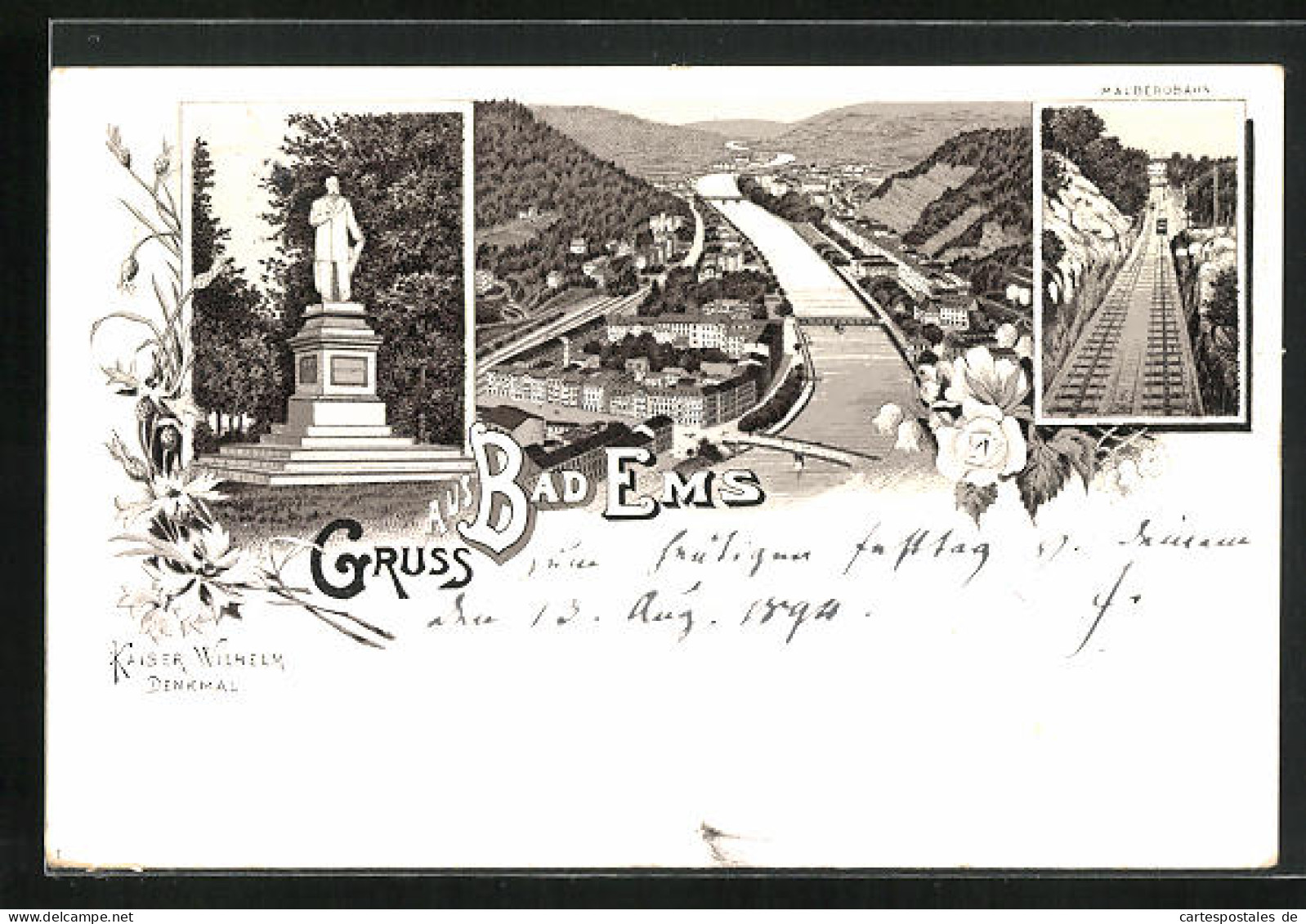 Vorläufer-Lithographie Bad Ems, 1894, Malbergbahn, Kaiser Wilhelm Denkmal, Totalansicht  - Bad Ems