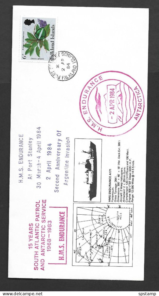 Falkland Islands 1984 F.I. War 2nd Anniversary / HMS Endurance Special Cover , Multi Cacheted , 6p Insect Franking - Falkland Islands