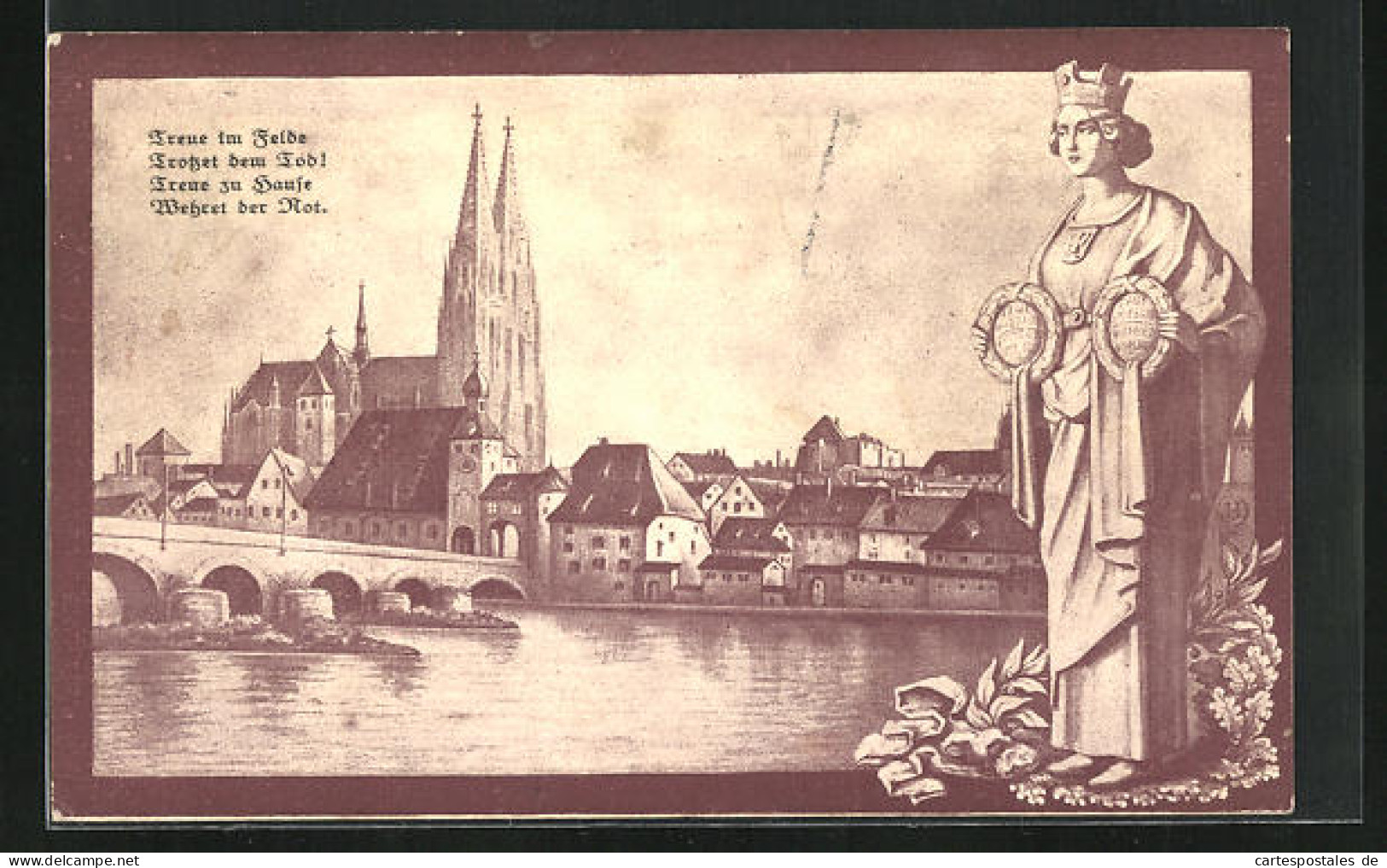 AK Regensburg, Flusspartie Der Stadt, Die Eiserne Ratisbona, Nagelung  - Oorlog 1914-18