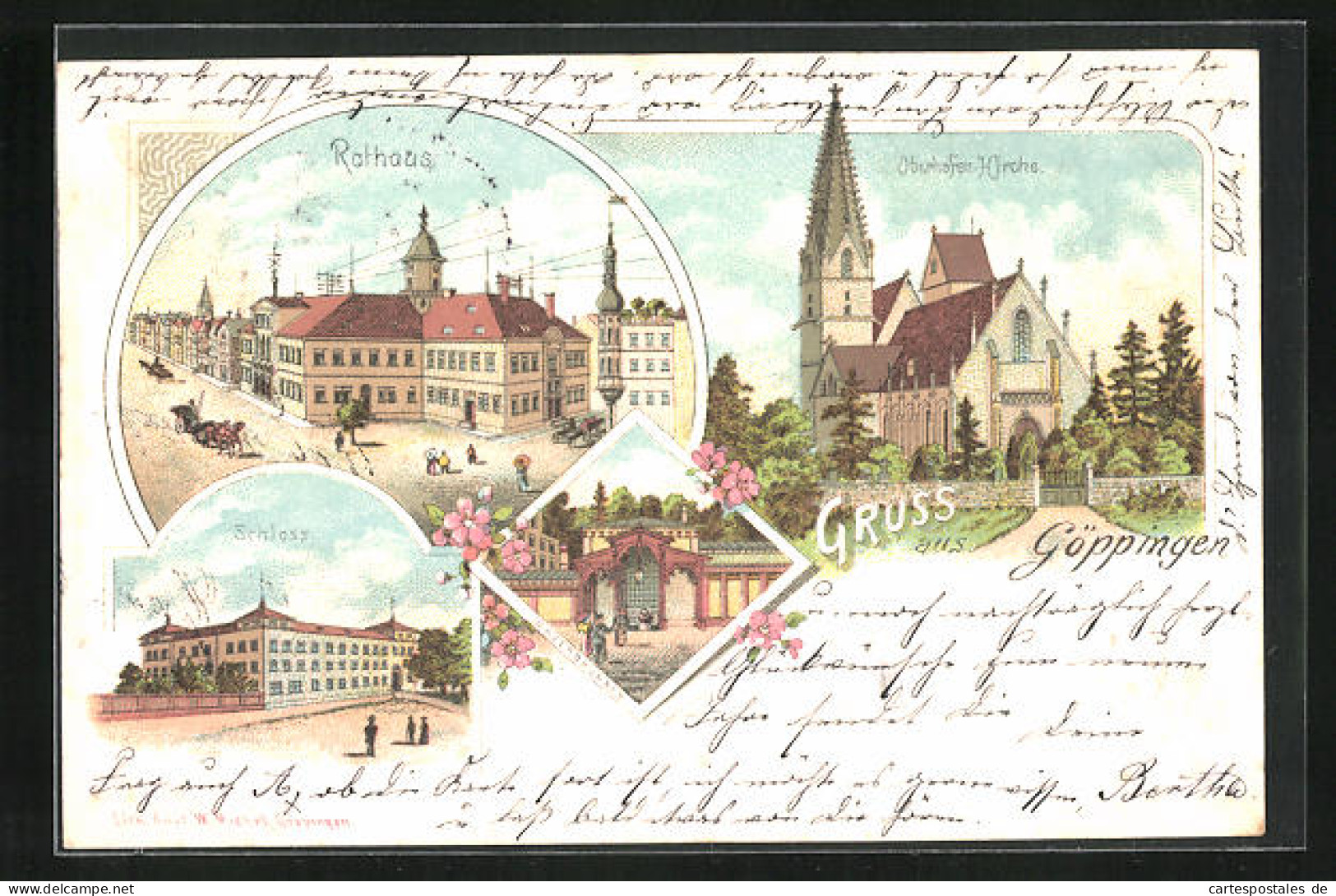 Lithographie Göppingen, Rathaus, Sauerbrunnen, Oberhofen-Kirche  - Göppingen