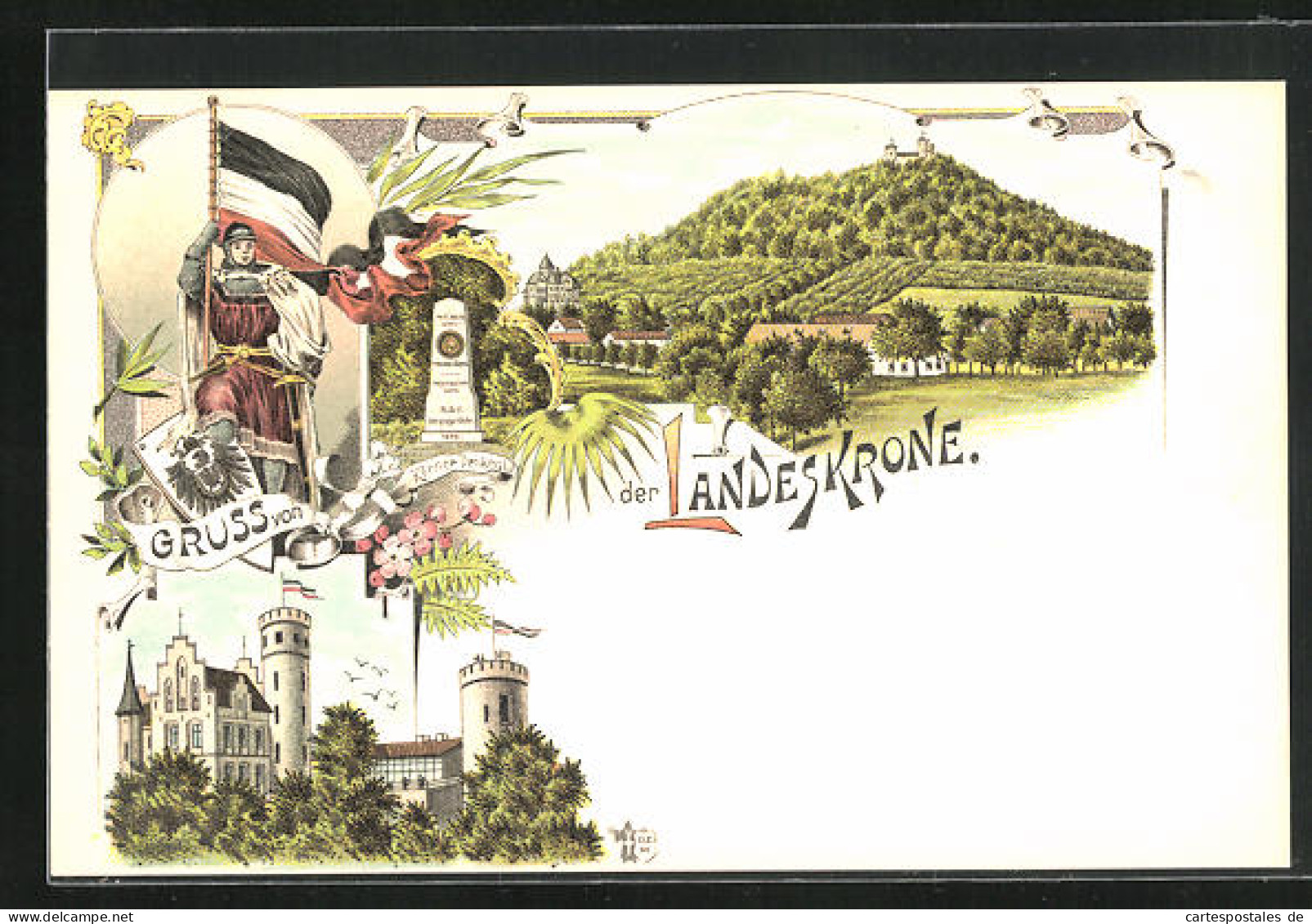 Lithographie Görlitz, Gasthaus Zur Landeskrone, Körner Denkmal, Schloss  - Görlitz