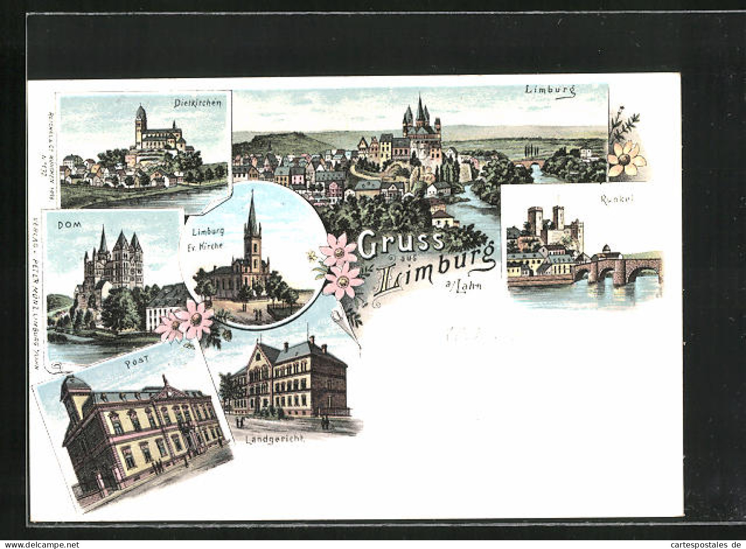 Lithographie Limburg A. Lahn, Landgericht, Post, Dom, Dietkirchen, Runkel, Ev. Kirche  - Limburg