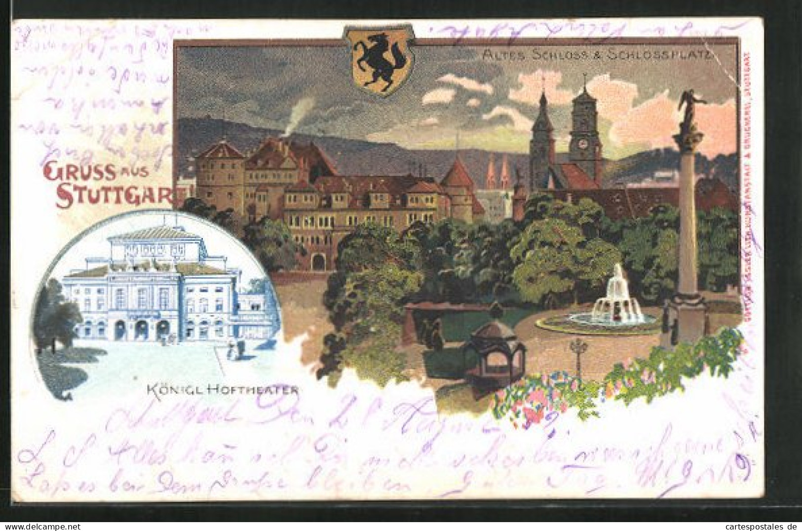 Lithographie Stuttgart, Königliches Hoftheater, Altes Schloss Und Schlossplatz  - Theatre