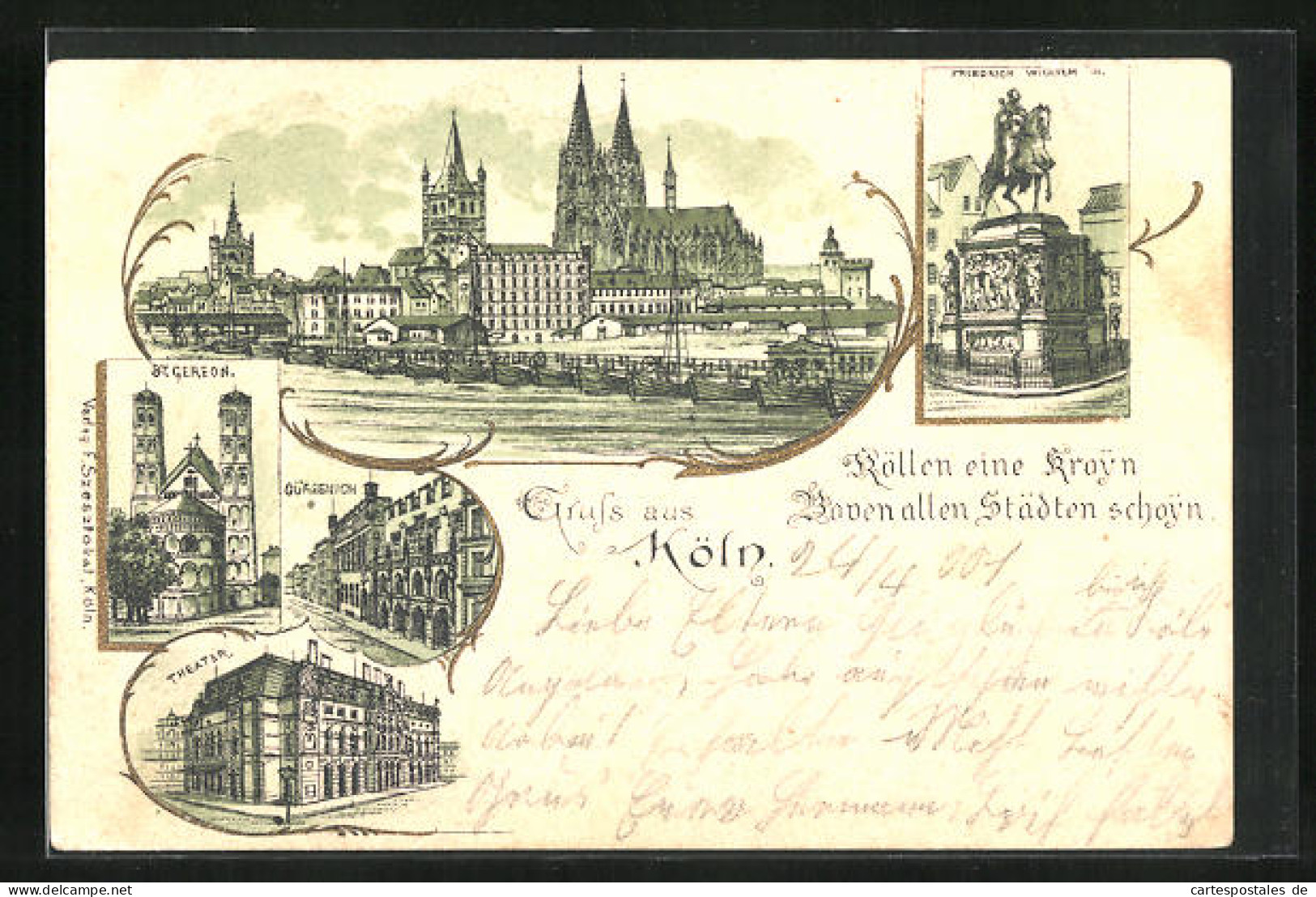 Lithographie Köln, Friedrich Wilhelm Statue, Theater, Blick Auf Kirche  - Teatro