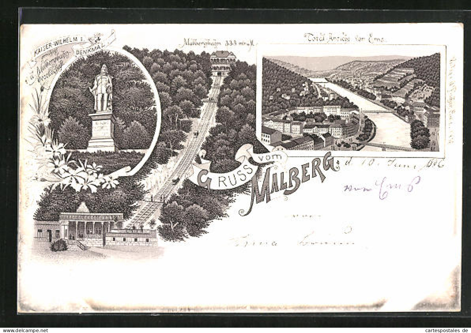 Lithographie Bad Ems, Kaiser-Wilhelm I. Denkmal, Malbergbahn, Totalansicht  - Bad Ems