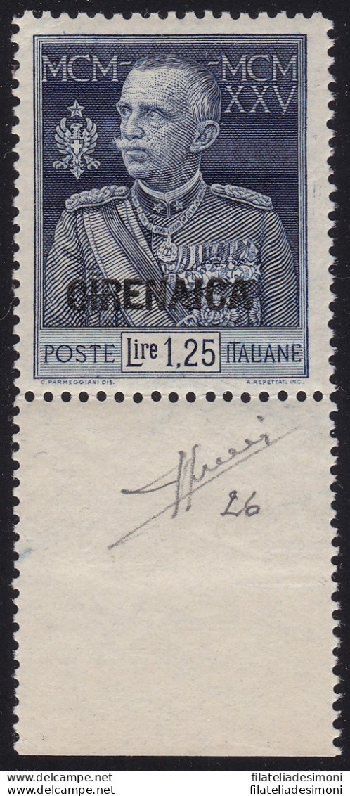1926 CIRENAICA, N° 26 Giubileo Del Re, Lire 1,25 Azzurro , MNH** , Bordo Di Foglio Firmato Sorani, LUSSO - Cirenaica