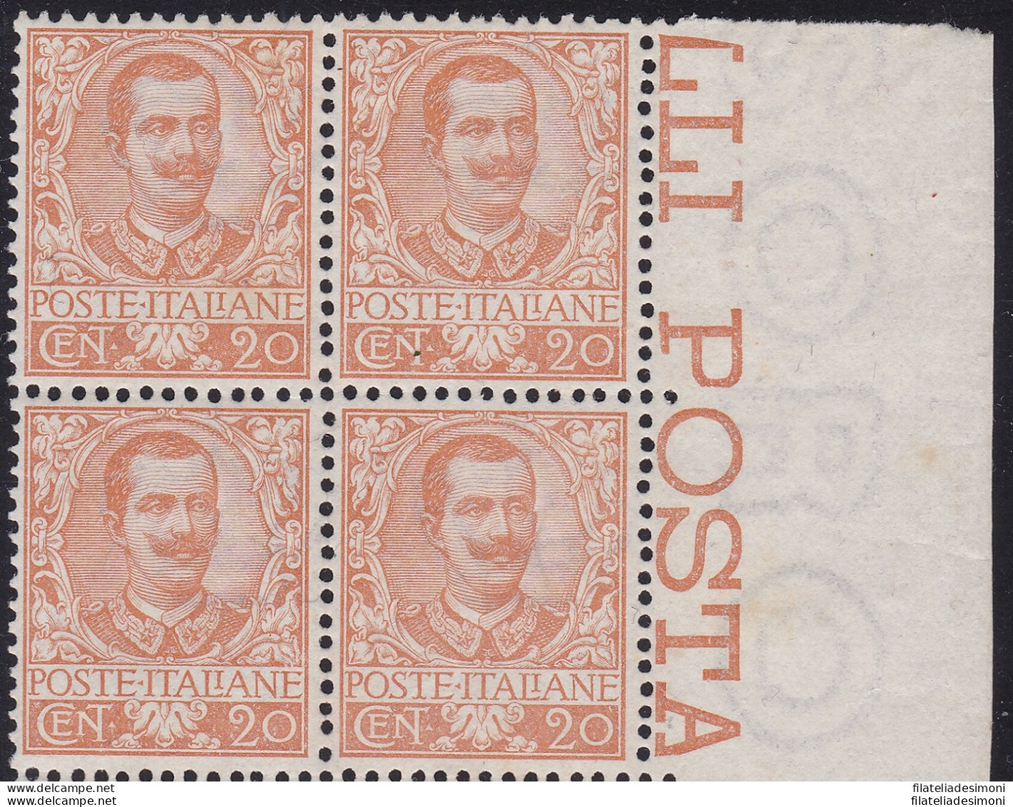 1901 REGNO D'ITALIA - N° 72 Floreale 20 Cent. Arancio MNH/** OTTIMA CENTRATURA Certificato Diena (fotocopia) - Sonstige & Ohne Zuordnung