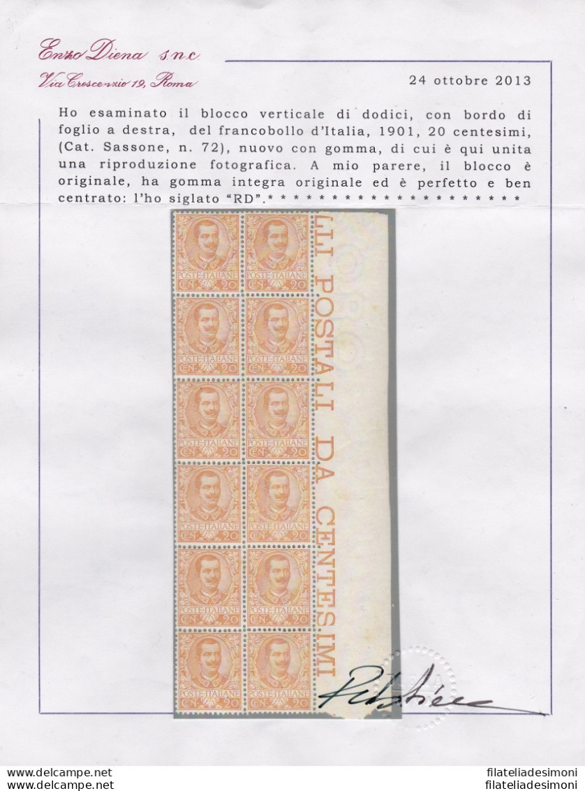 1901 REGNO D'ITALIA - N° 72 Floreale 20 Cent. Arancio MNH/** OTTIMA CENTRATURA Certificato Diena (fotocopia) - Sonstige & Ohne Zuordnung