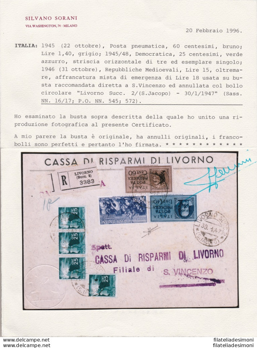 1947 Rara Affrancatura Mista Di Emergenza Luogotenenza-Repubblica Certificato Sorani - Europa