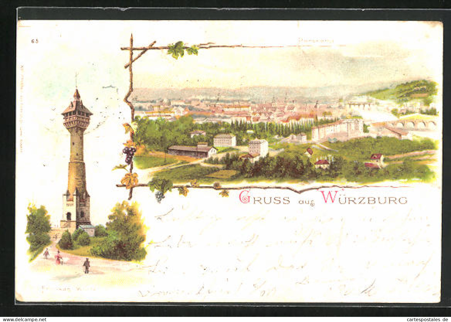 Lithographie Würzburg, Franken Warte, Panorama Der Stadt  - Würzburg