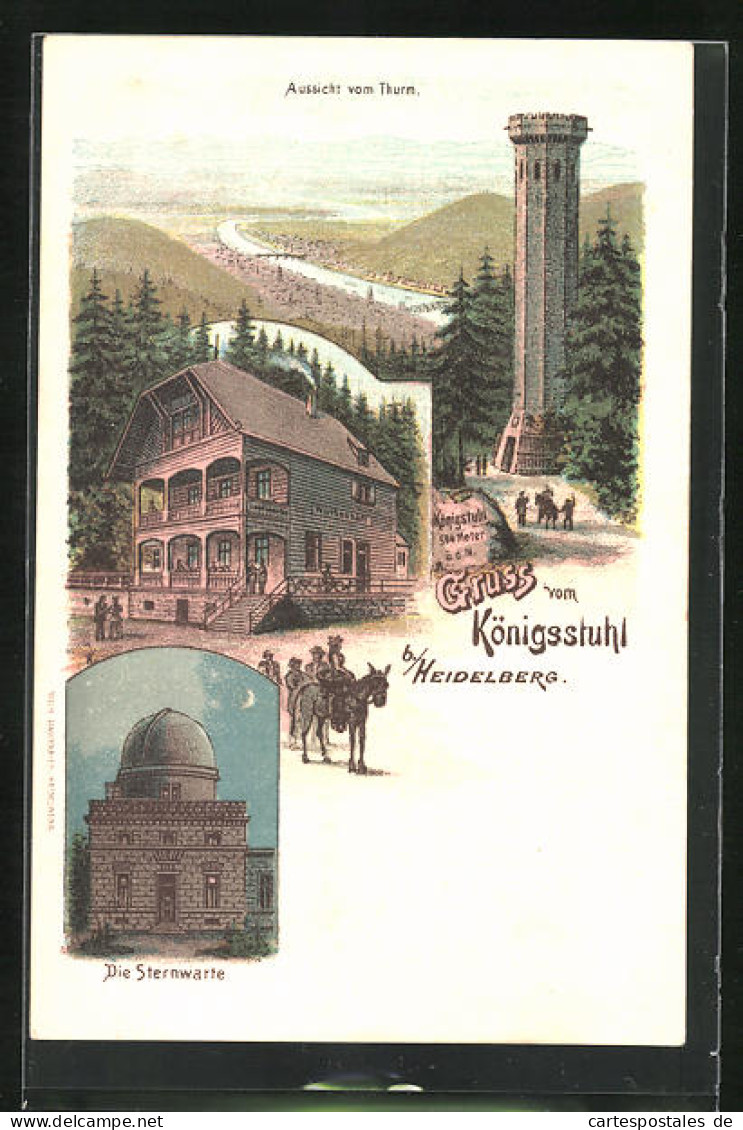 Lithographie Königsstuhl B. Heidelberg, Gasthaus, Sternwarte, Turm  - Heidelberg