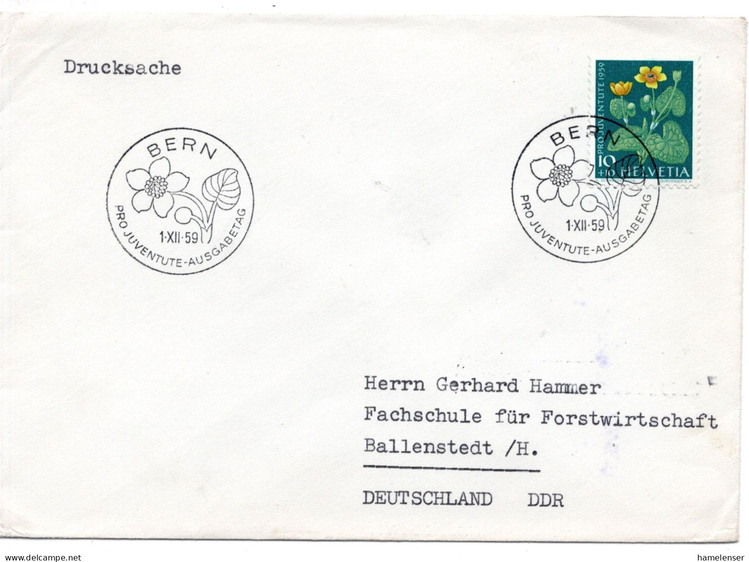 78442 - Schweiz - 1959 - 10Rp Pro Juventute '59 EF A DrucksBf ETSoStpl BERN -> DDR - Briefe U. Dokumente