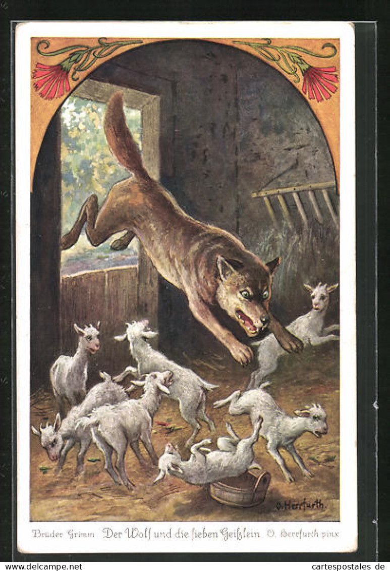 Künstler-AK Oskar Herrfurth: Der Wolf Und Die Sieben Geisslein, Der Wolf Kommt Herein  - Fairy Tales, Popular Stories & Legends