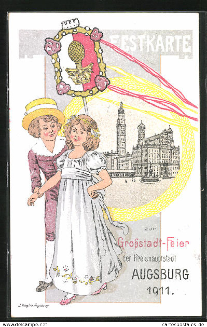 Künstler-AK Augsburg, Rathaus Und Kirche, Grossstadt-Feier 1911, Wappen  - Augsburg