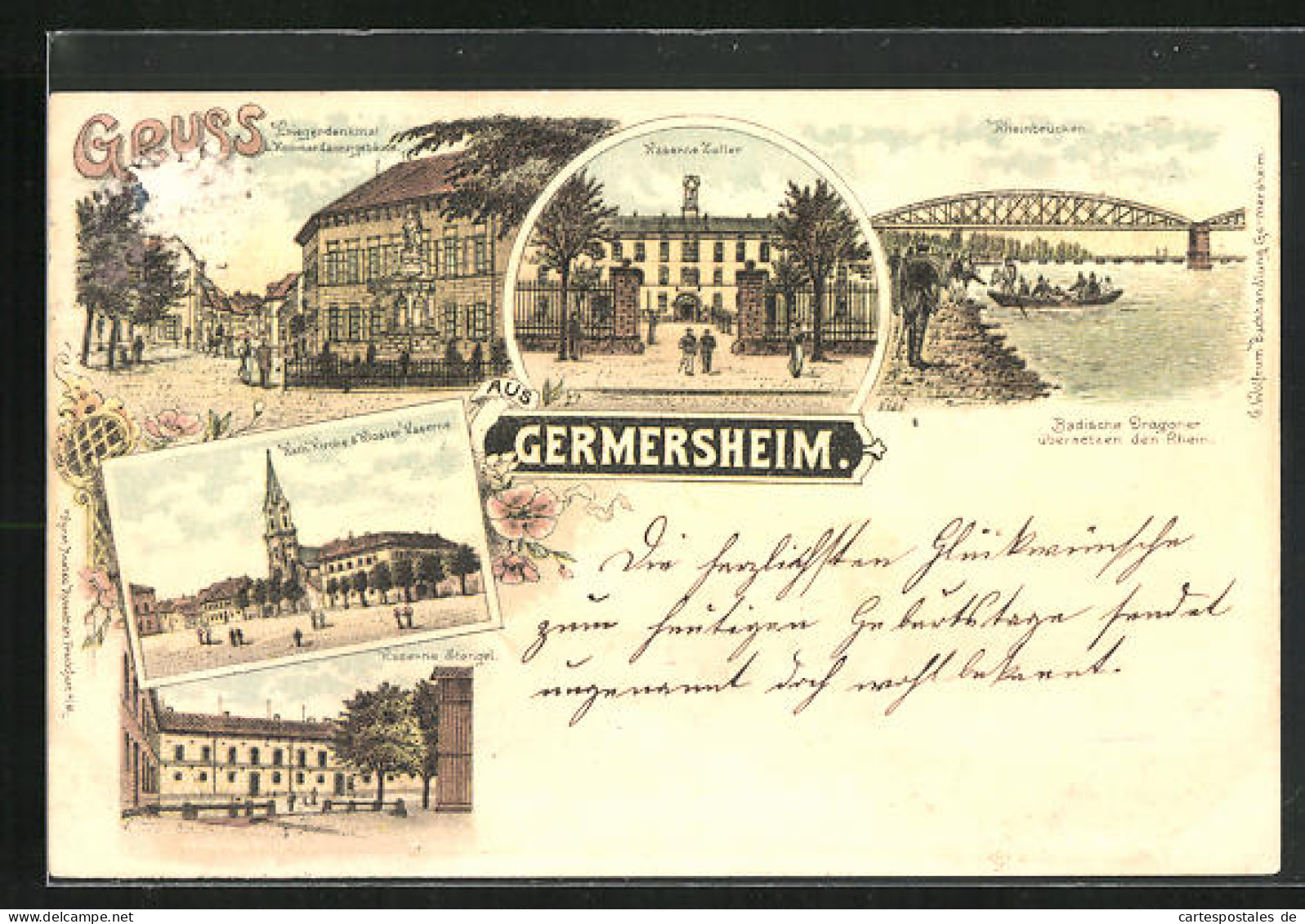 Lithographie Germersheim, Kaserne Zoller, Katholische Kirche & Kloster Kaserne, Kaserne Stengel  - Germersheim