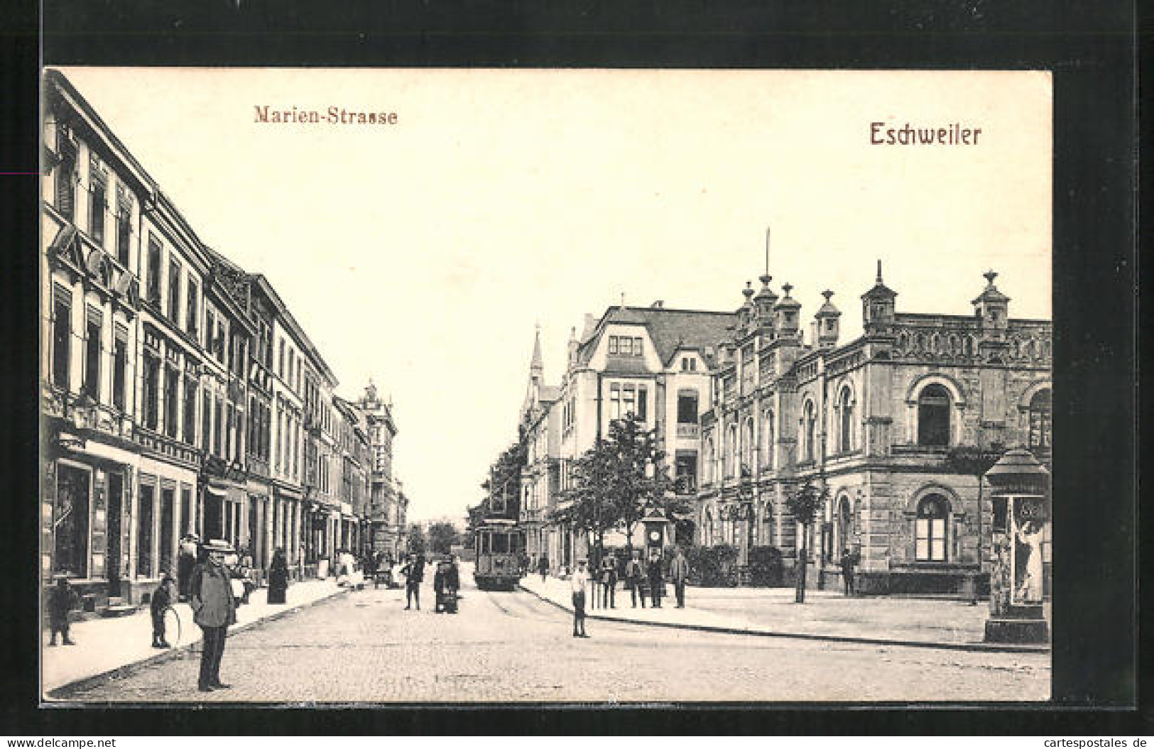 AK Eschweiler, Marien-Strasse Mit Geschäft Und Litfasssäule, Strassenbahn  - Eschweiler