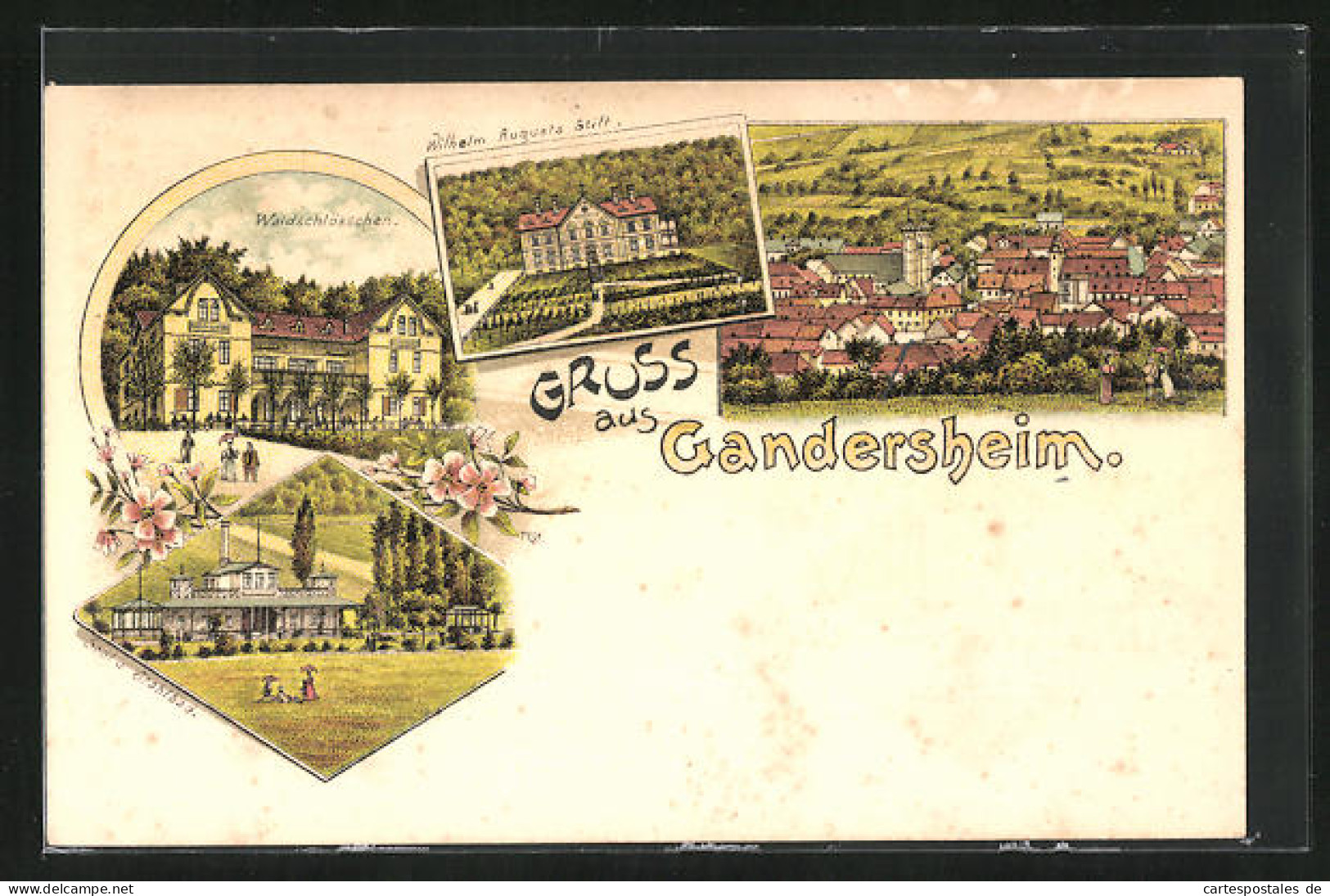 Lithographie Gandersheim, Hotel Waldschlösschen, Wilhelm Augusta Stift, Sool U. Stahlbad  - Bad Gandersheim