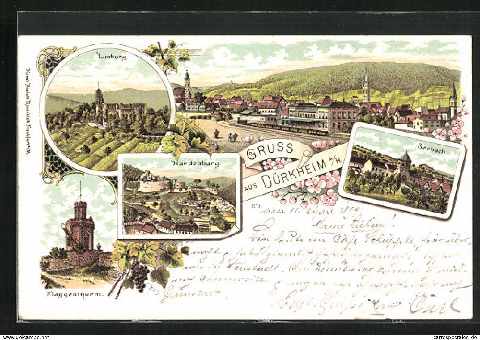 Lithographie Dürkheim A. H., Limburg, Hardenburg, Flaggenturm  - Bad Duerkheim