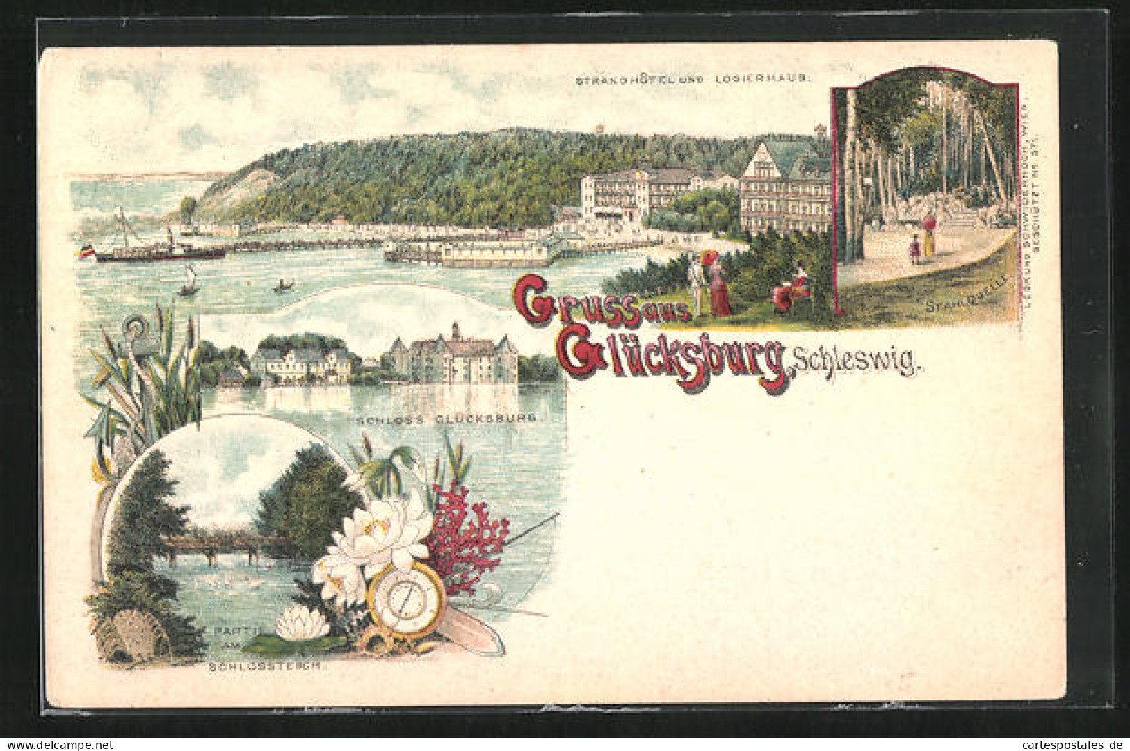 Lithographie Glücksburg /Schleswig, Strandhôtel Und Logierhaus Mit Dampfer, Stahlquelle, Partie Am Schlossteich  - Schleswig
