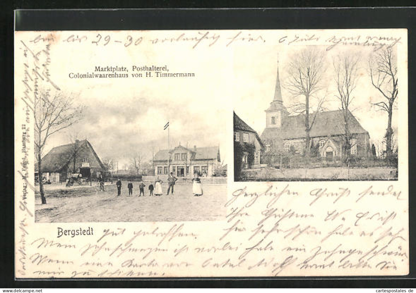 AK Bergstedt, Kolonialwarengeschäft Und Posthalterei Am Marktplatz, Kirche  - Wandsbek