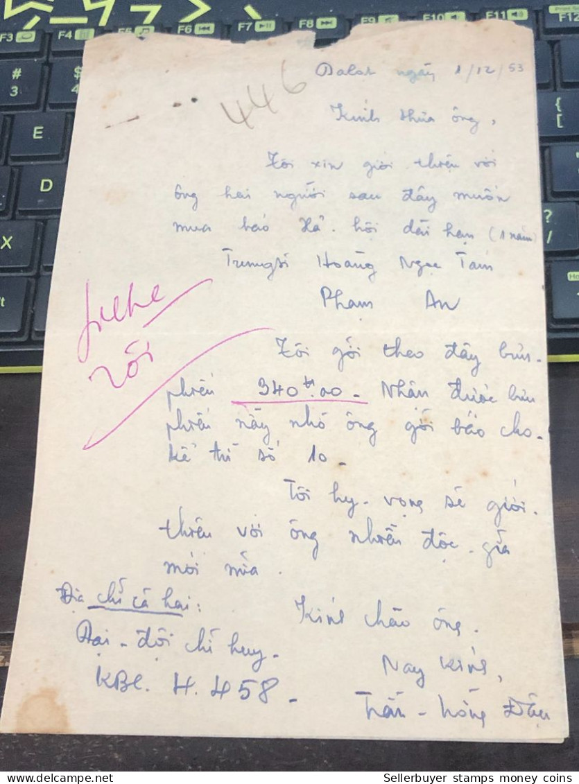 Soth Vietnam Letter-sent Mr Ngo Dinh Nhu -year-1-12-1953 No-446- 1pcs Paper Very Rare - Historische Documenten