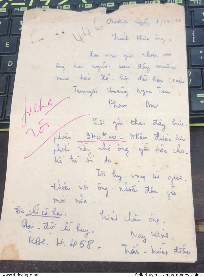 Soth Vietnam Letter-sent Mr Ngo Dinh Nhu -year-1-12-1953 No-446- 1pcs Paper Very Rare - Historische Documenten