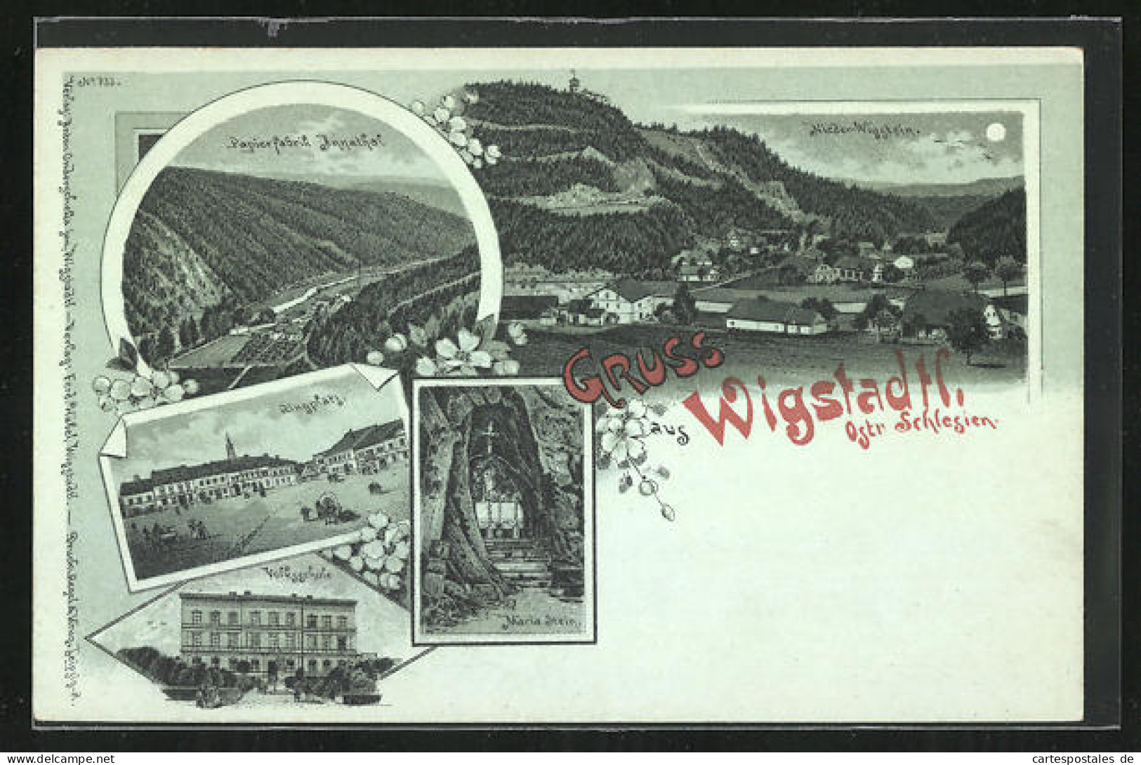 Mondschein-Lithographie Wigstadtl, Volksschule, Ringplatz, Papierfabrik Annathal  - Tsjechië