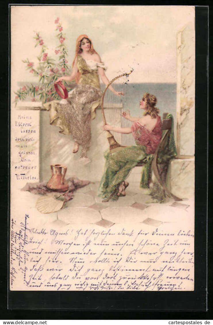 Relief-Lithographie Zwei Damen Auf Der Terrasse Mit Meerblick, Spielen Der Harfe  - Muziek En Musicus