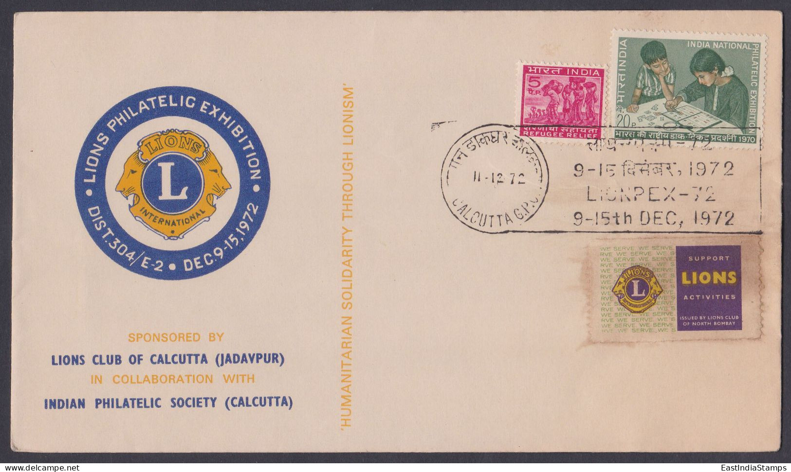 Inde India 1972 Special Cover Lionpex Stamp Exhibition, Lions Club Of Calcutta, Label, Social Work - Lettres & Documents