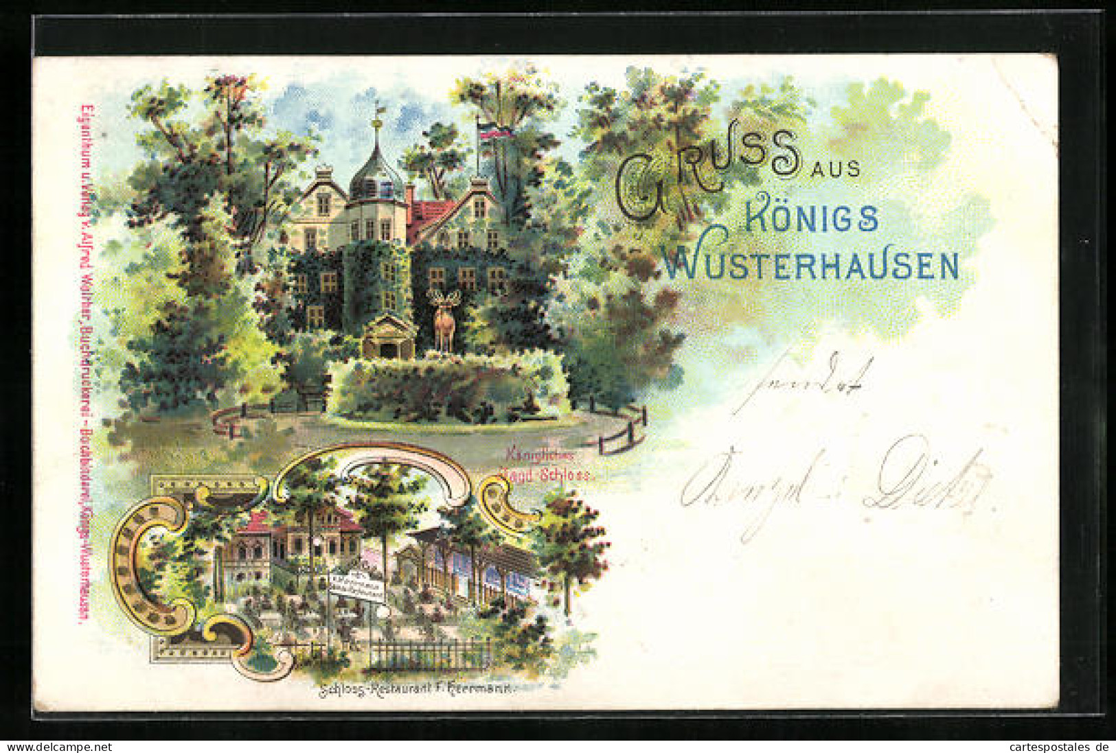 Lithographie Königs Wusterhausen, Schloss-Restaurant F. Herrmann, Königliches Jagdschloss  - Hunting