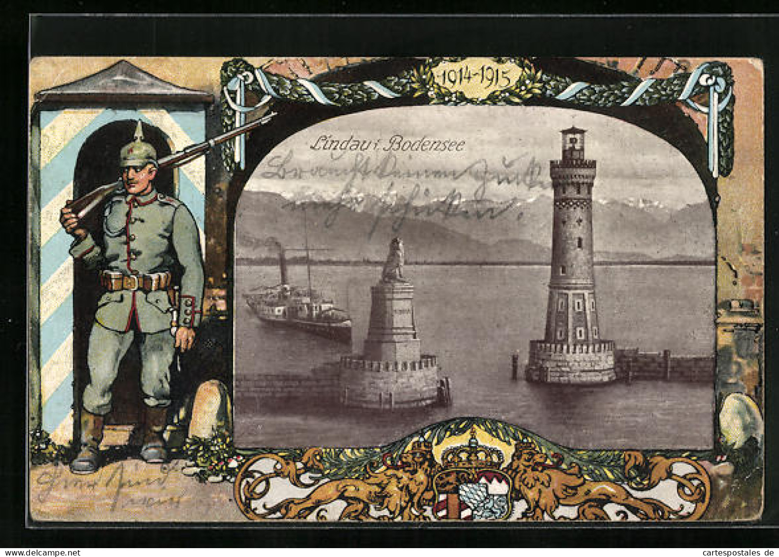 AK Lindau I. Bodensee, Einfahrt Mit Leuchtturm Und Dampfer, Soldat Am Wachhäuschen  - Lindau A. Bodensee