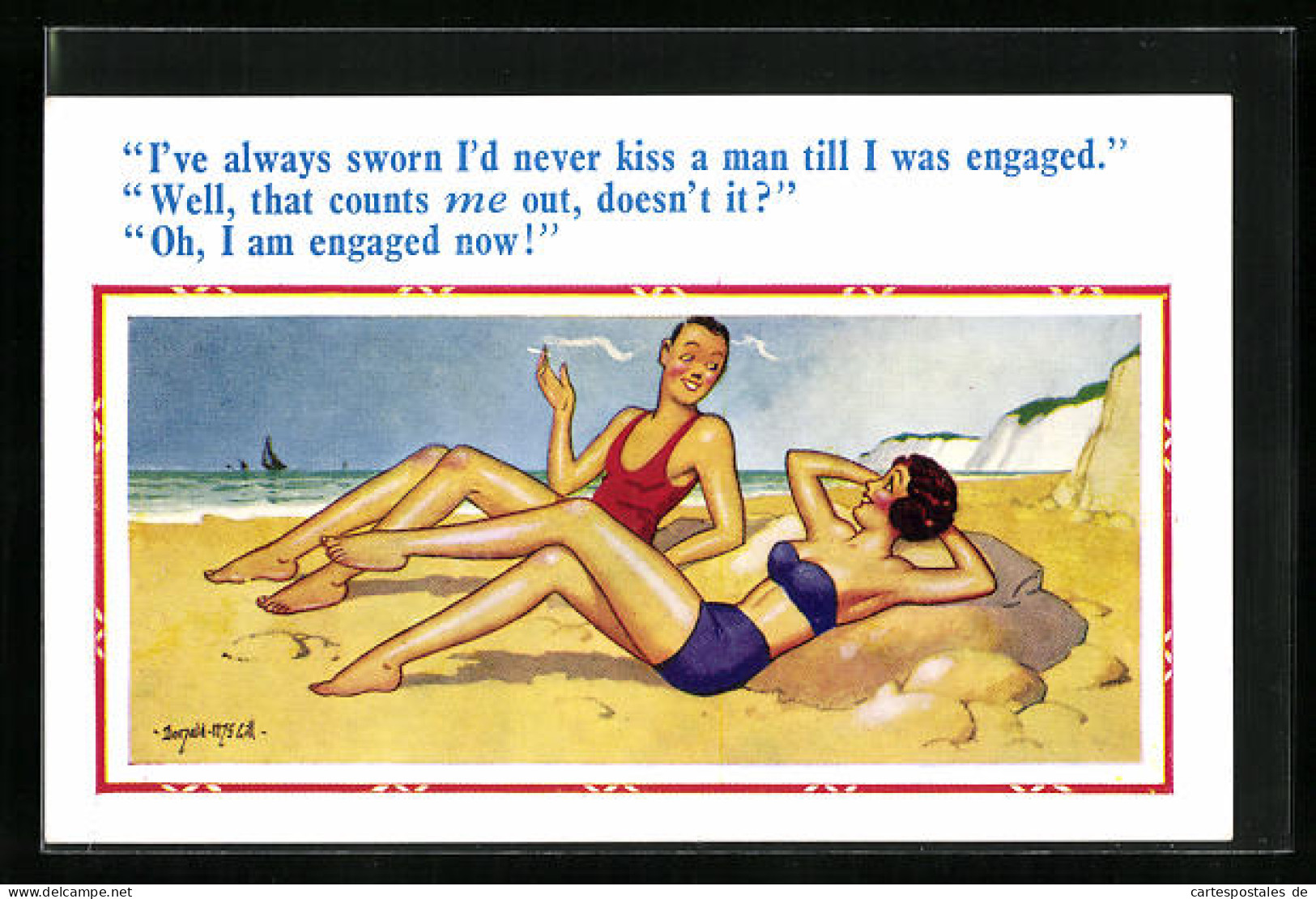 Künstler-AK Donald McGill: Two Women Lying In The Sand, Smoking, Swear To Never Kiss A Man Till She Is Engaged  - Mc Gill, Donald