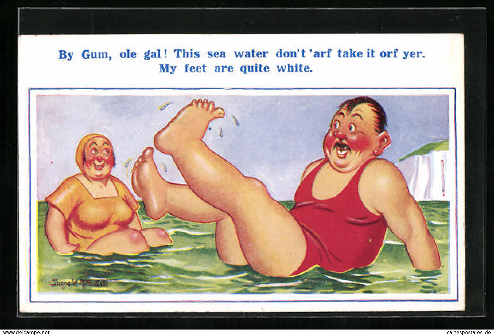 Künstler-AK Donald McGill: By Gum, Ole Gal! This Sea Water Don`t `arf Take It Orf Yer. My Feet Are Quite White.  - Mc Gill, Donald