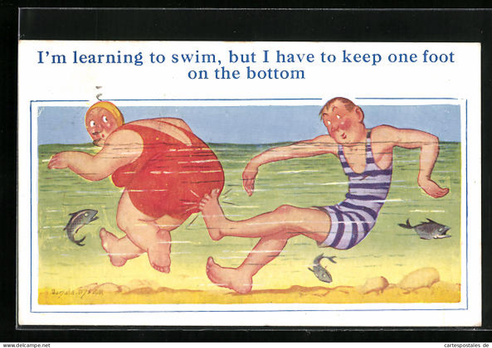 Künstler-AK Donald McGill: I`m Learning To Swim, But I Have To Keep One Foot On The Bottom  - Mc Gill, Donald