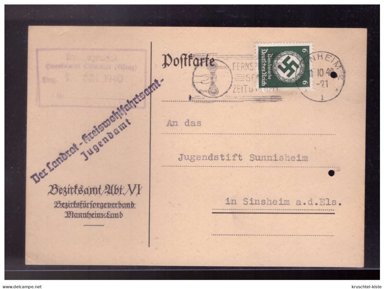 Dt- Reich (024162) Dienstpostkarte Mit Handstempel Der Landrat- Kreiswohlfahrtsamt- Jugendamt, Gelaufen Mannheim 1940 - Dienstmarken
