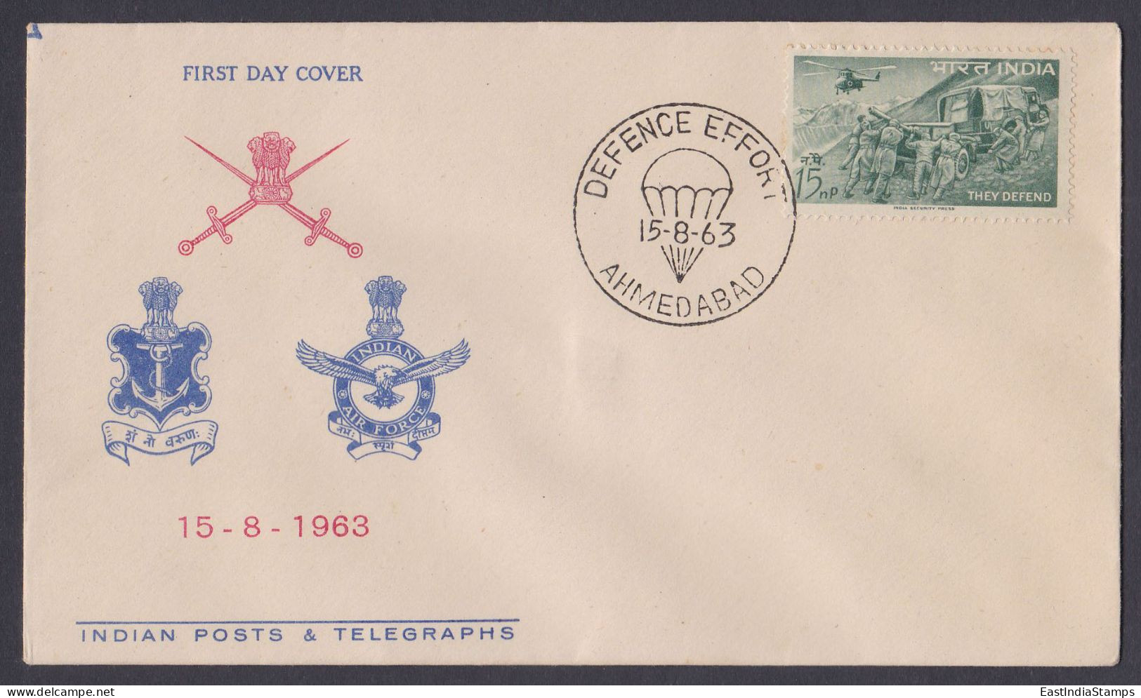 Inde India 1963 FDC DEfence Effort, Army, Helicopter, Mountain, Armed Forces, Mountains, Jeep, Artillery First Day Cover - Briefe U. Dokumente
