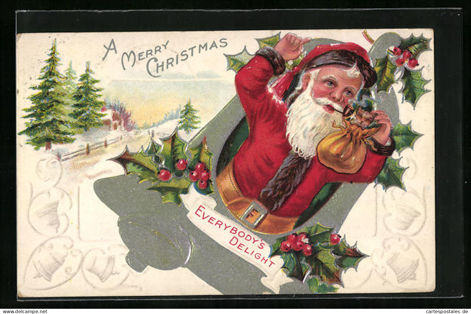Präge-AK Weihnachtsmann Mit Kätzchen Im Sack In Einer Glocke, Weihnachtsgruss  - Santa Claus