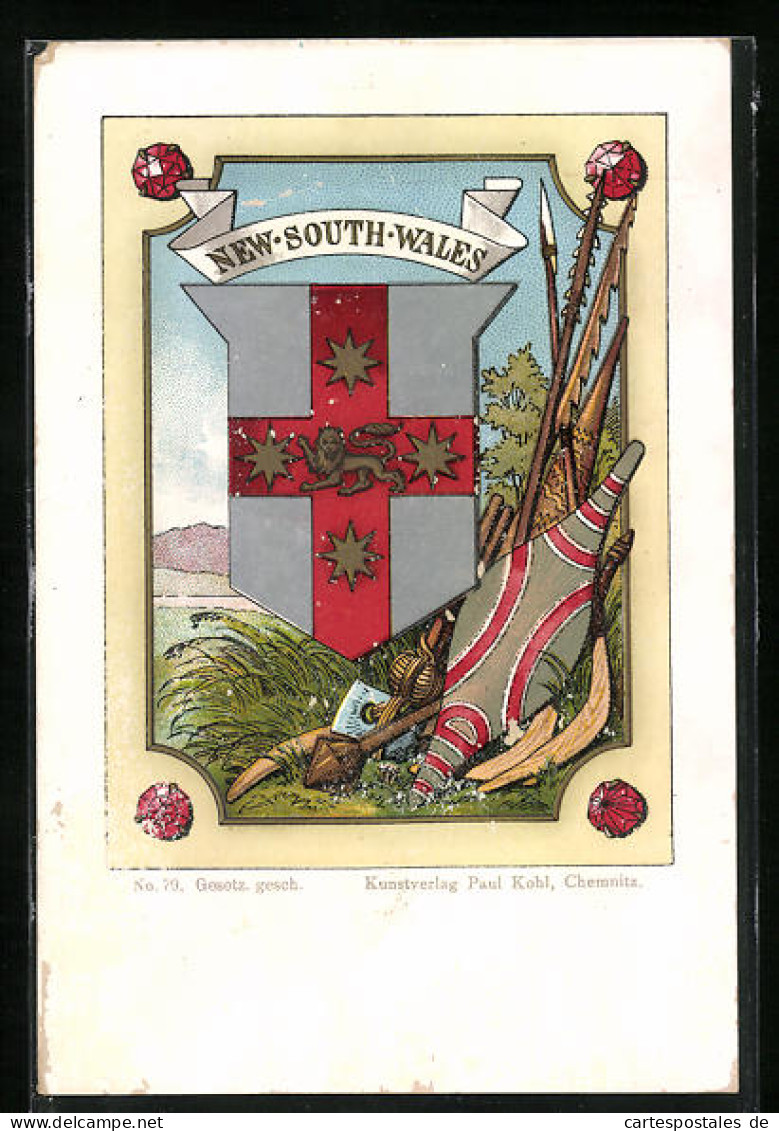 Lithographie New South Wales, Wappen Und Landschaft  - Genealogía
