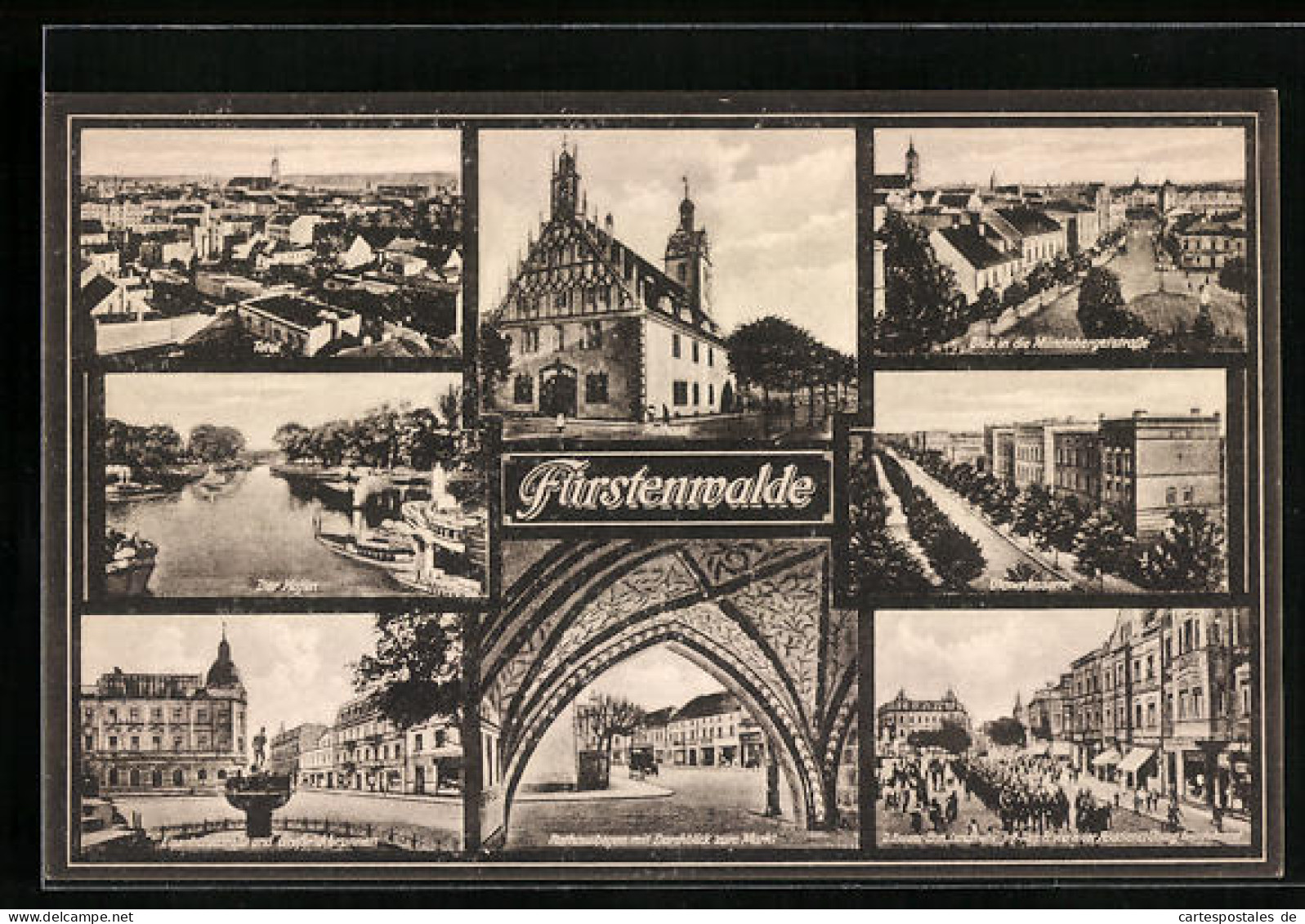 AK Fürstenwalde, Panorama, Hafen, Rathausbogen, Ulanenkaserne & Münchebergerstrasse  - Müncheberg