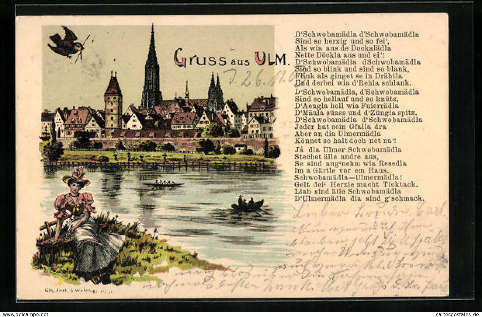 Lithographie Ulm, Uferpartie Mit Dom  - Ulm