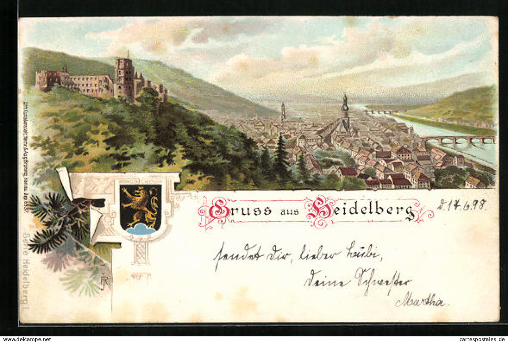 Lithographie Heidelberg, Teilansicht Mit Wappen  - Heidelberg