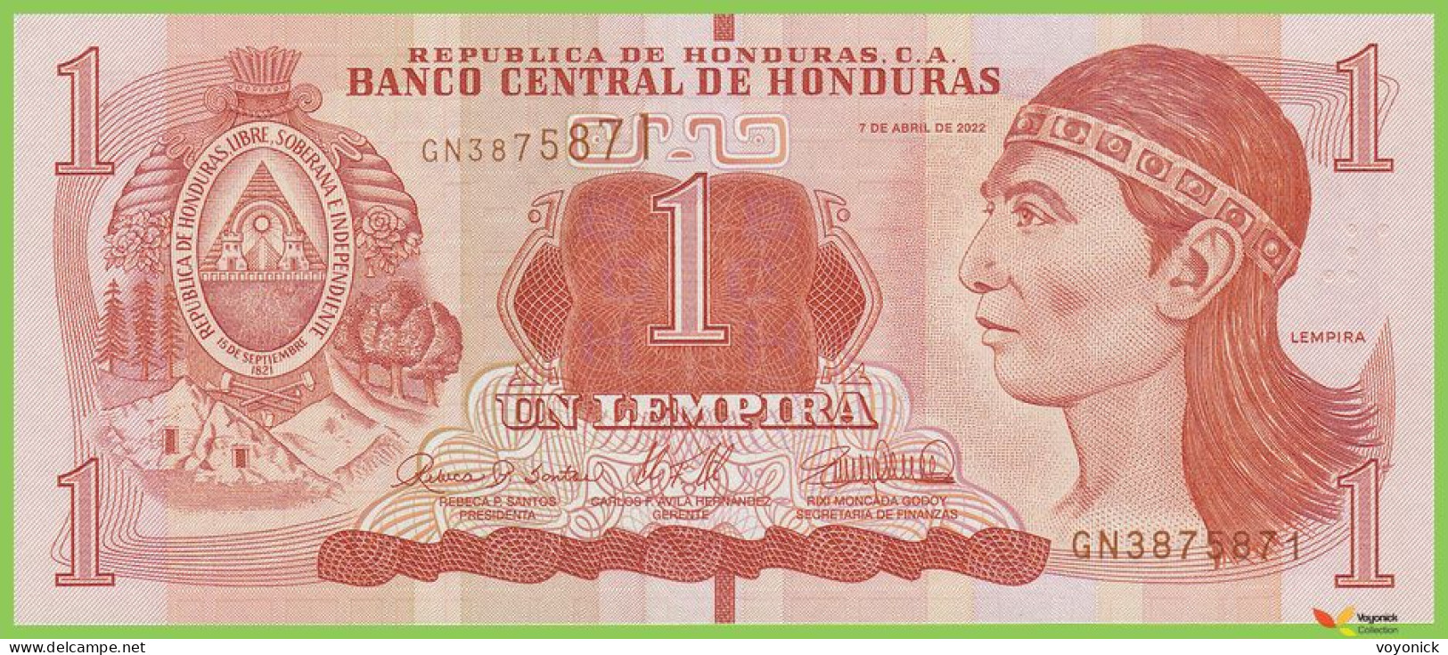 Voyo HONDURAS 1 Lempira 2022 P96e  Prefix GN UNC - Honduras