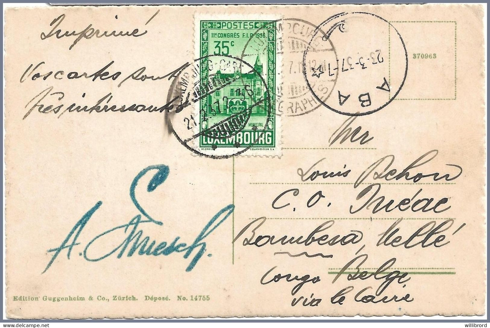 LUXEMBOURG TÉLÉGRAPHES - 1937 To BELGIAN CONGO - 35c FIP Congress Sole Use On Postcard - Cartas & Documentos