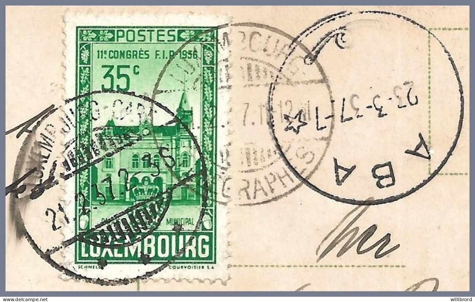 LUXEMBOURG TÉLÉGRAPHES - 1937 To BELGIAN CONGO - 35c FIP Congress Sole Use On Postcard - Covers & Documents