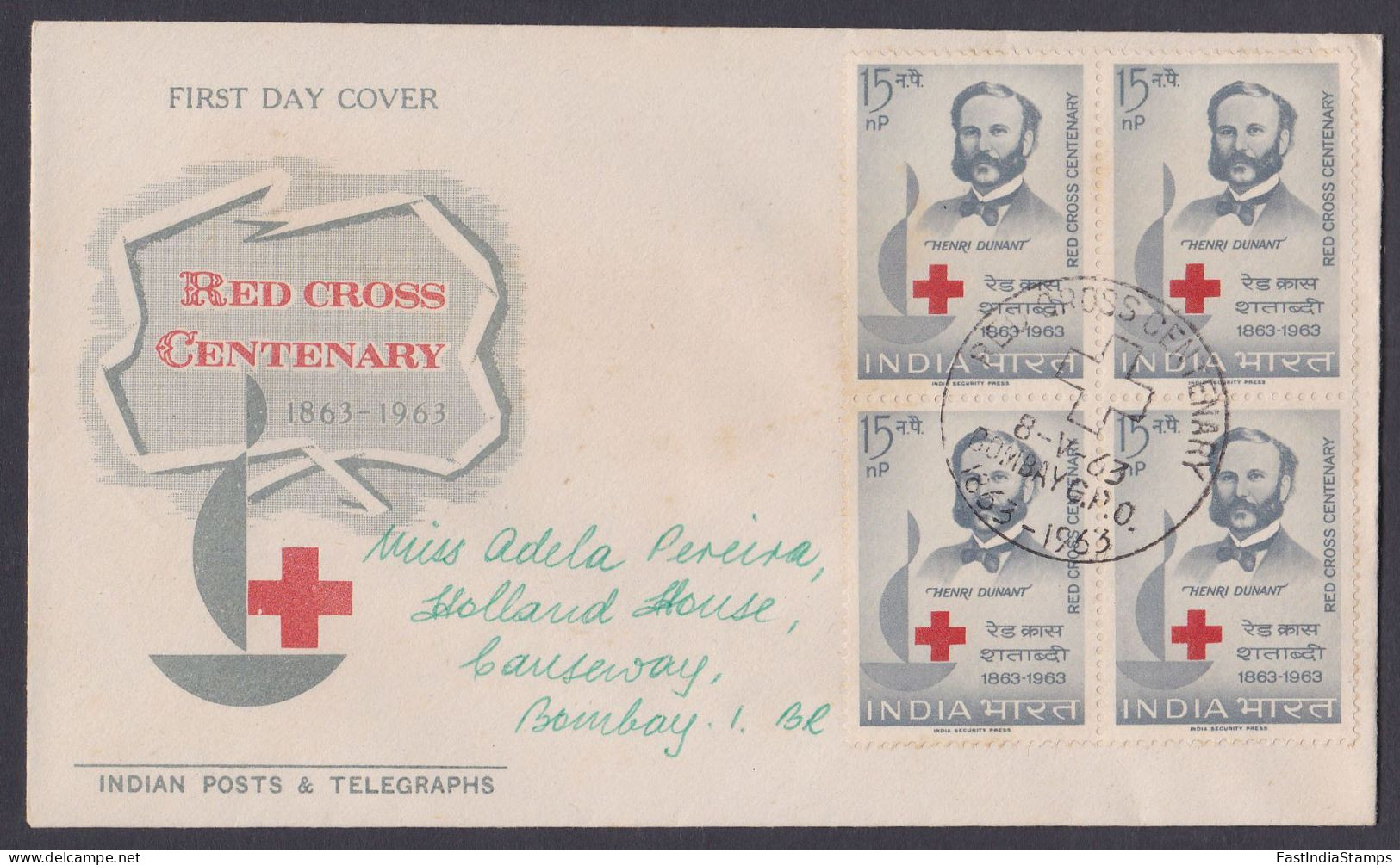 Inde India 1963 Used FDC Red Cross, Henri Dunant, FIrst Day Cover - Brieven En Documenten