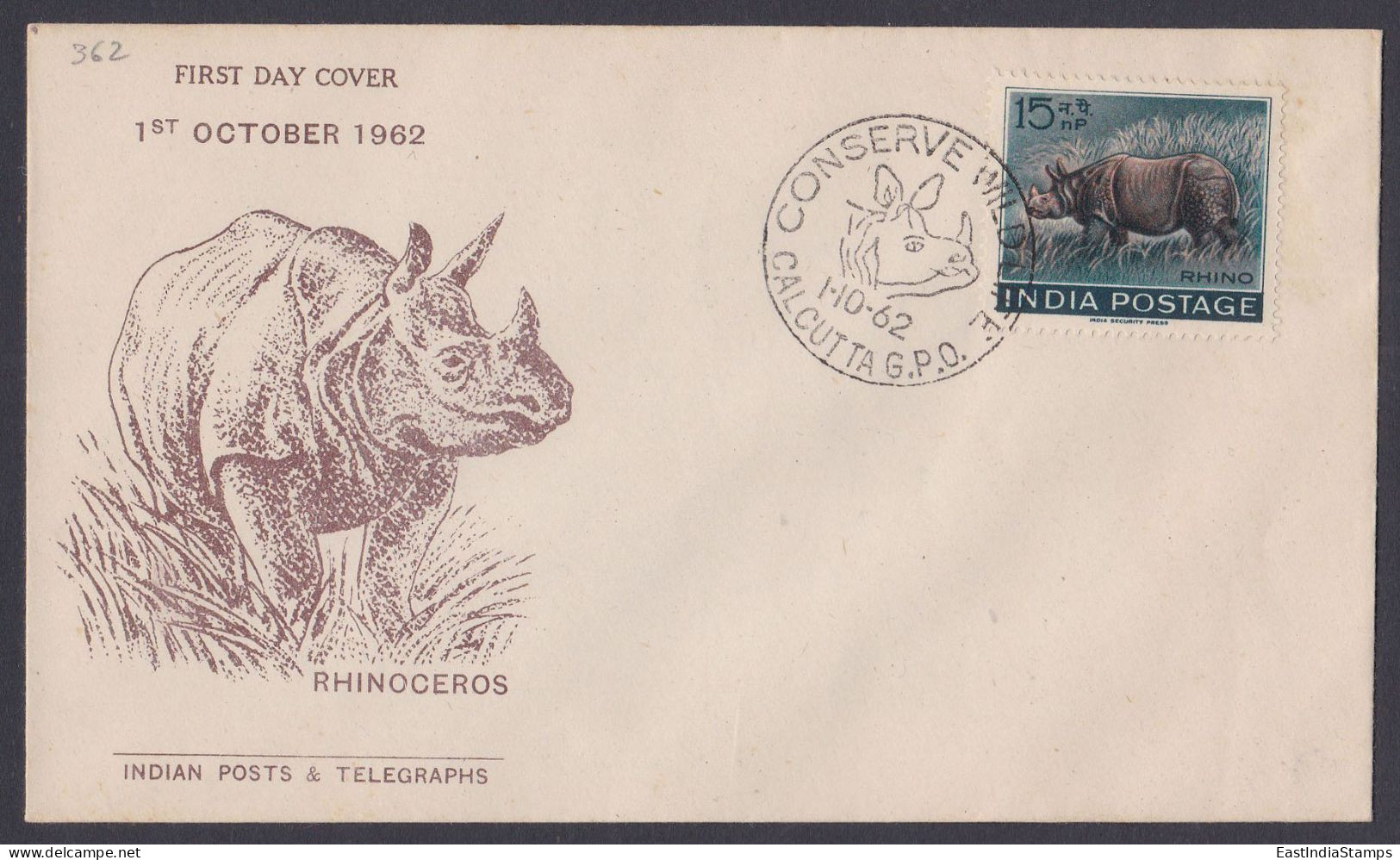 Inde India 1962 FDC Rhinoceros, Rhino, Conservation, Wildlife, Wild Life, FIrst Day Cover - Briefe U. Dokumente