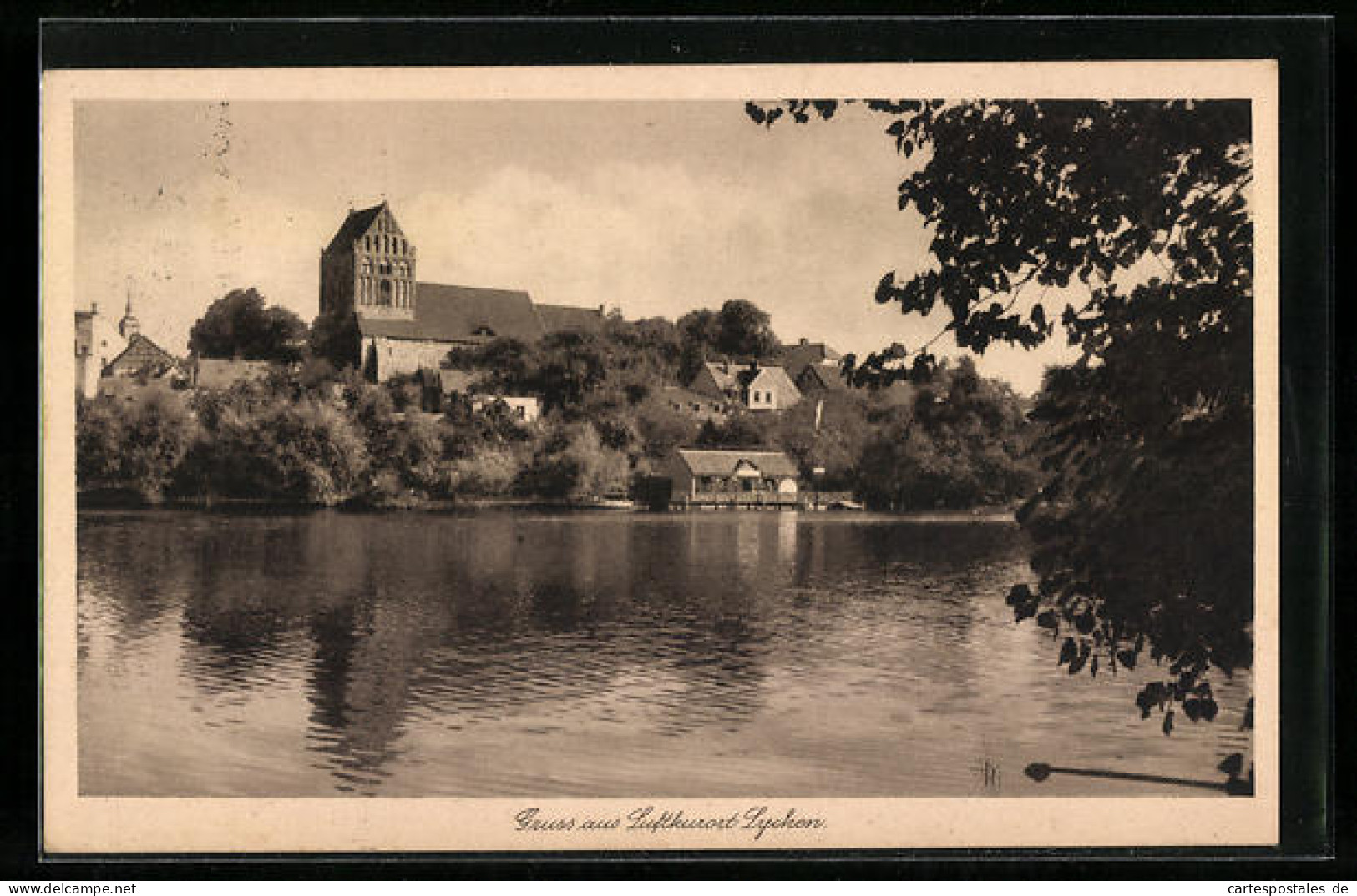 AK Lychen, Blick Vom Ufer Zur Kirche, Pension Haus Am Stadtsee  - Lychen