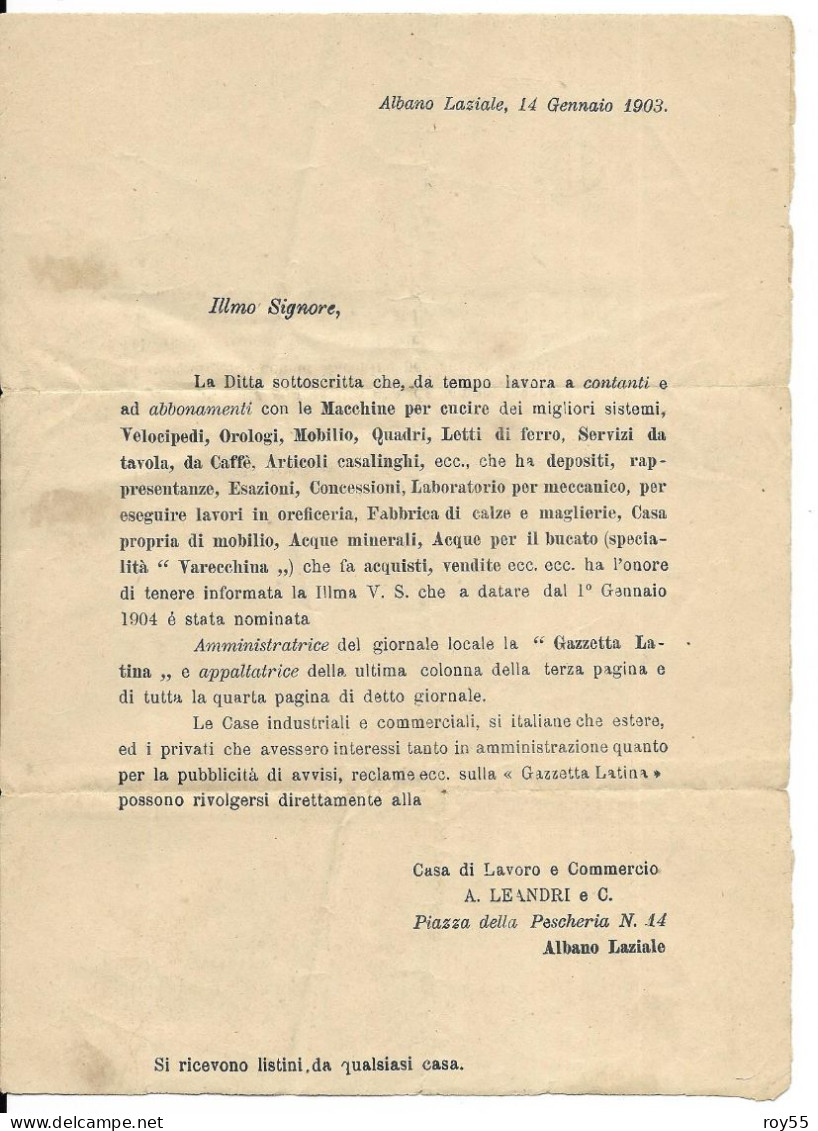 Lazio-roma-albano Laziale Pubblicita Commerciale Leandri 1903 Viaggiata Da Albano Laziale A Roma (v.retro/scansioni) - Other & Unclassified