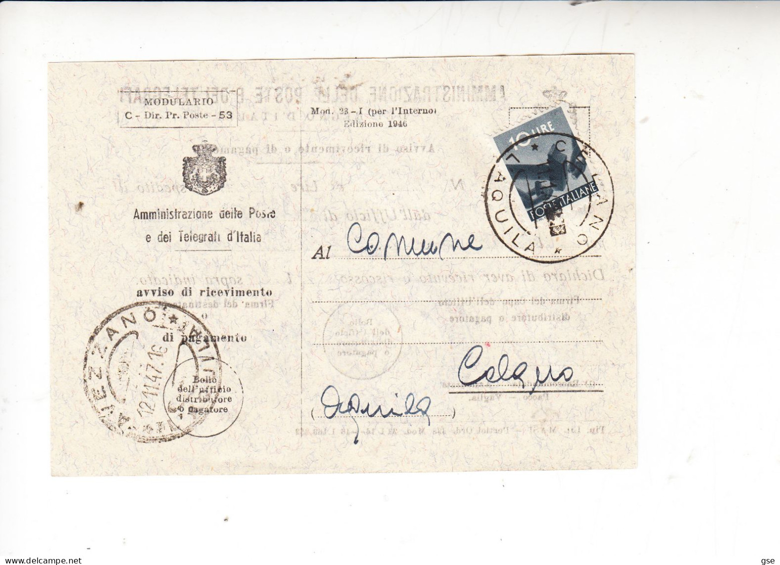 ITALIA 1947 - Avviso Ricevimento Da Avezzano A Celano - 1946-60: Poststempel
